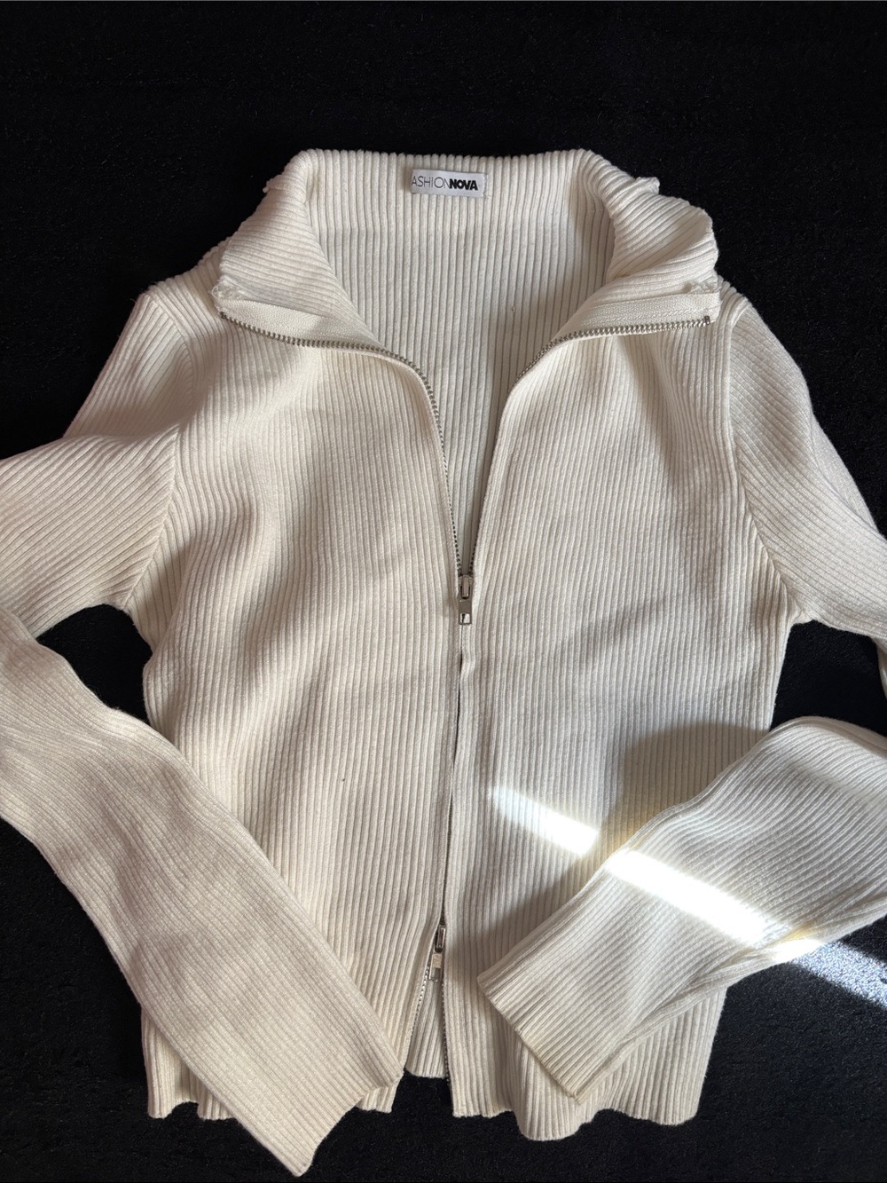 Fashion Nova Cream Ribbed Zip Sweater
